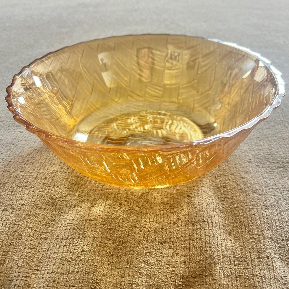 Vintage Indiana Glass Iridescent Carnival Weave Bowl 8.5 Inch Round
